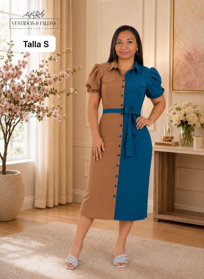 Vestido midi combinado camisero.tela seda.