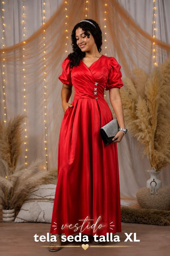 Vestido tela seda color rojo 