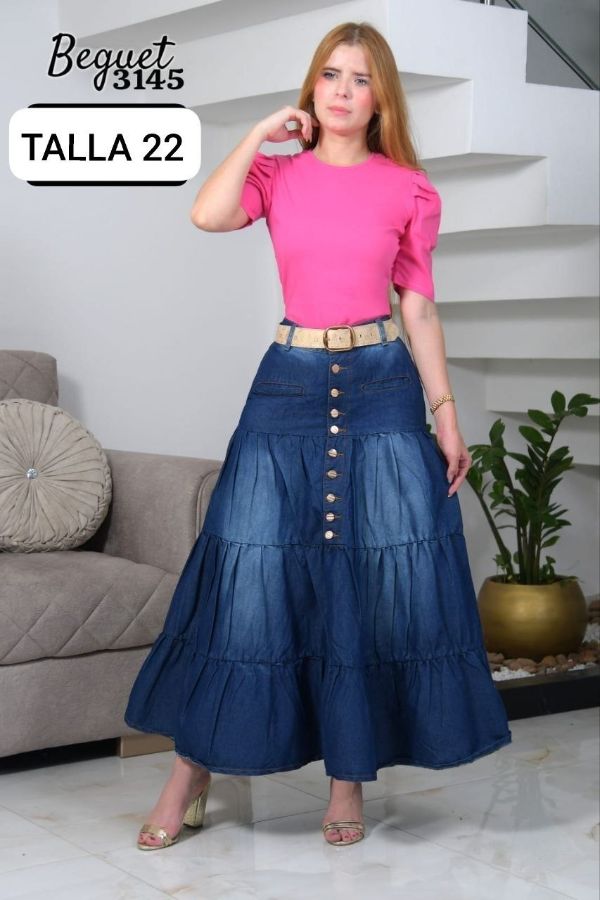 Falda larga en jean tipo campesina con botones