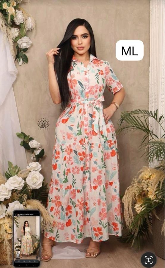 Vestido en tela seda mango largo de flores