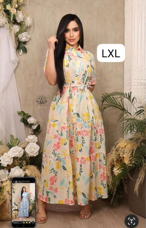 Vestido en tela seda mango floral largo